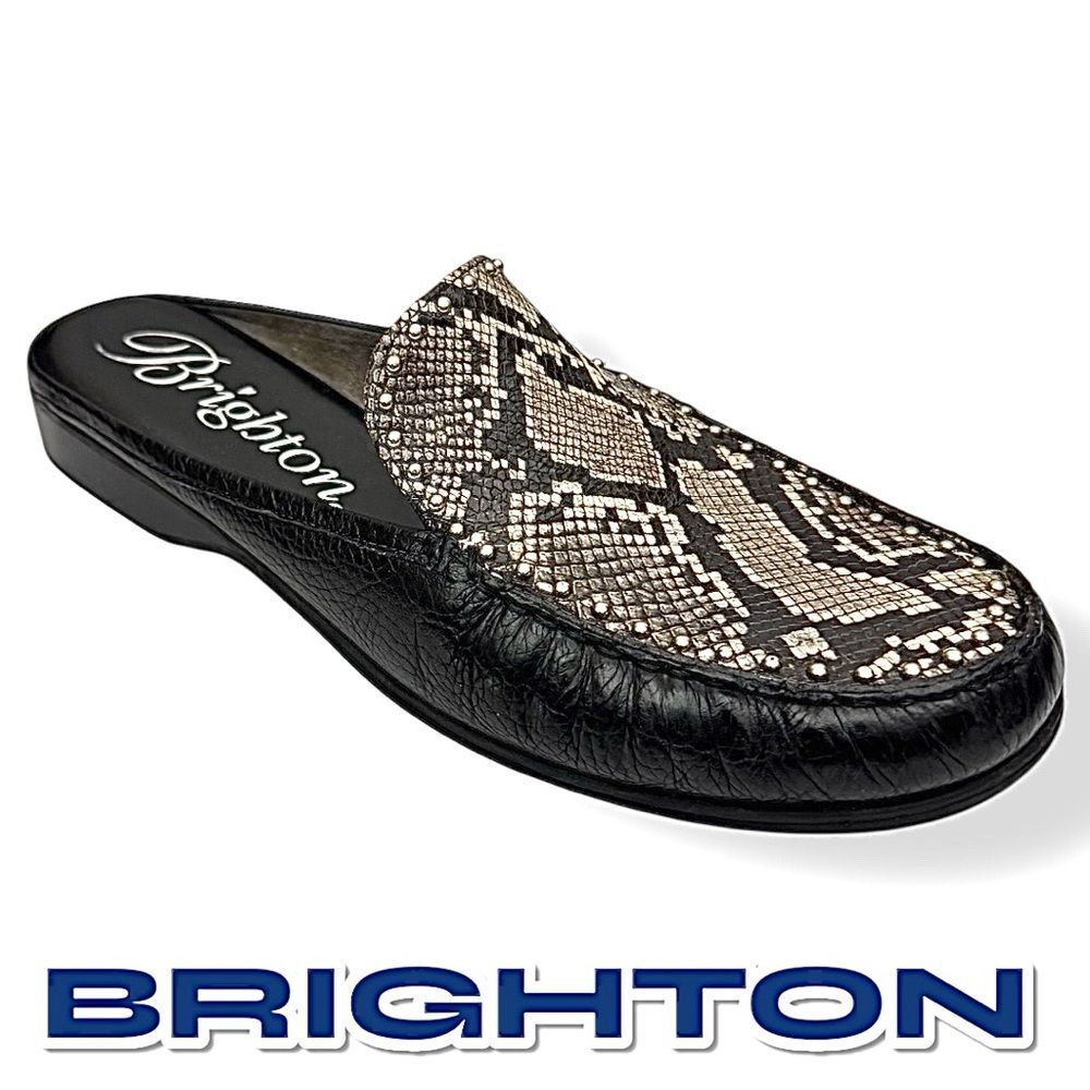 Brighton Women’s Black Snake Print Leather Mules Size 10M Wedge Heel Brazil